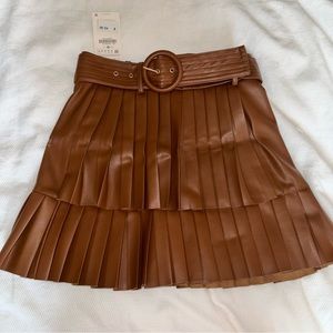 ZARA Women’s Brown Pleated Faux Leather Skirt